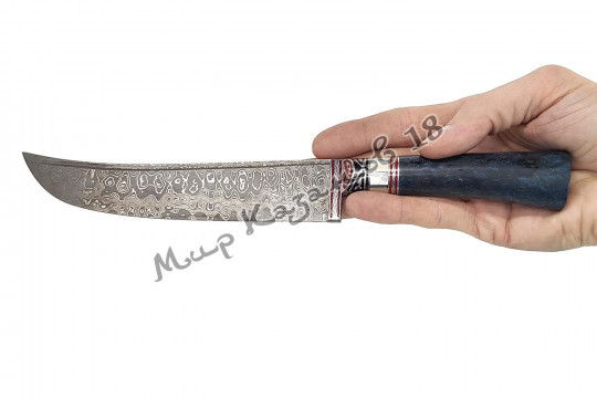 Пчак средний, рукоять стаб. карельская берёза (синяя), гарда узорная олово, дамаск